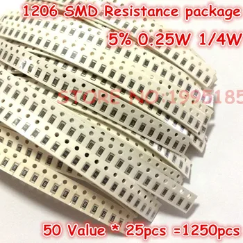 1250pcs 1206 SMD Rezistor Kit (0R~10MR) 5% 1/4W 0,25 W 50 Hodnota * 25pcs =1250pcs 3.2*1.6 mm