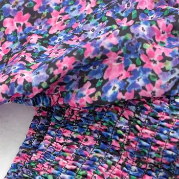 2020 letní ženy nový francouzský skládaný náměstí límec-krátký rukáv šaty split vidlice daisy květinové tisk byl tenké šaty