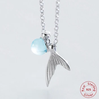 925 Sterling Silver Elegantní Jednoduché Mořská Panna Ocas Náhrdelník Sweet Blue Crystal Klíční Kost Řetěz Náhrdelník Šperky