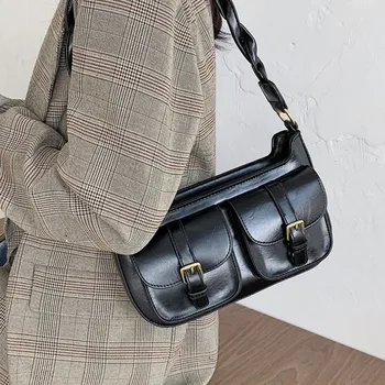 Dámské nové PU kožené retro taška přes rameno osobnosti multi-kapsa design kabelky ženy trend vintage solidní crossbody tašky