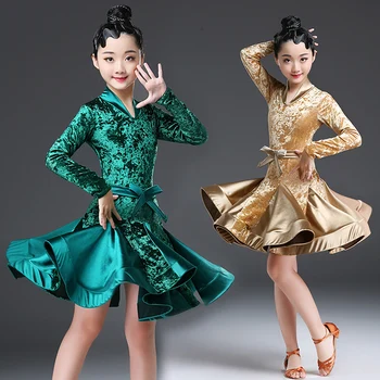 Dětské Taneční Oblečení Nové Dívky Cha Cha Latin Dance Šaty Dlouhý Rukáv Sametové Taneční Vystoupení Taneční Šaty DWY1529