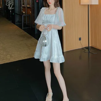 Francouzské Šaty Ženy Elegantní Listového Rukáv Mini Víla Šaty 2020 Letní Korejský Styl Japonského Kawaii Vintage Retro Bílé Šaty Rainbow