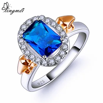 Lingmei Nové Módní Elegantní Design Obdélník MultiBlue Bílá CZ Stříbrná Barva Velikost Prstenu 6-9 Svatební Ženy Šperky