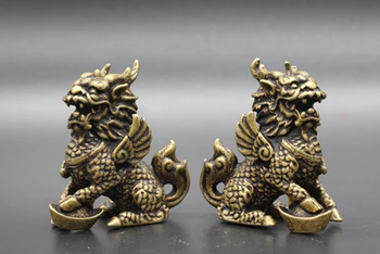 (mini) Pár Jemné Staré-styl Mosaz Dekorativní Živý Starověké Čínské Mýtické Příznivé Zvíře Kylin Sochy