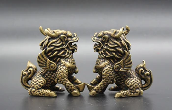 (mini) Pár Jemné Staré-styl Mosaz Dekorativní Živý Starověké Čínské Mýtické Příznivé Zvíře Kylin Sochy