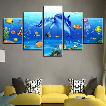 Moderní Plátno Malování na Zeď Pro Obývací Pokoj HD Print Framework 5 Panel Podmořský Svět Modulární Obraz, Plakát Kresby Abstraktní