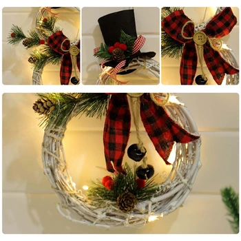 Vánoční Věnec, Věnec Dveře, Okna Zavěšení na Zeď Ornament Dekorace Ratanový nábytek S Lukem Šišky Červené Bobule a 10 LED Světla