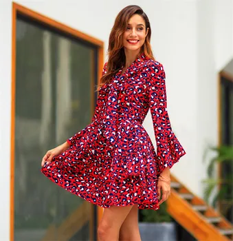 Ženy Podzimní Šaty Leopard Print Dámské Šaty Sexy V Krku Volánky 2019 Ležérní Zimní Obvaz Party Šaty Vestidos